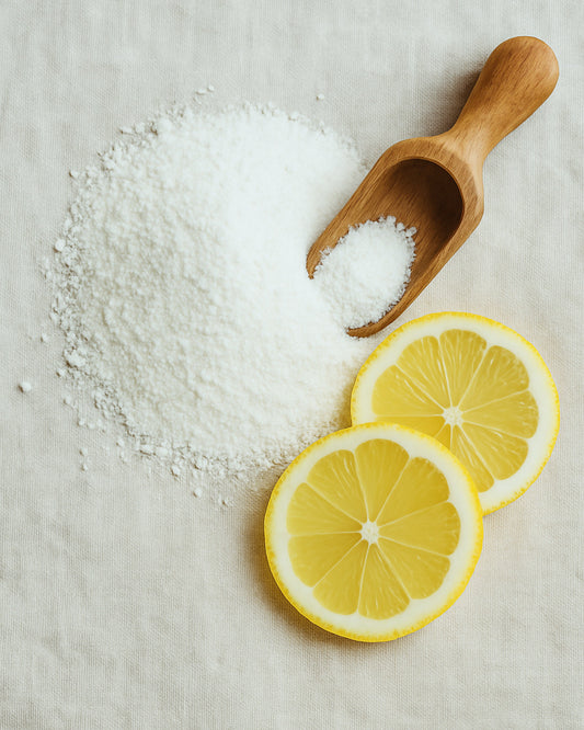 Wooden scoop of natural laundry powder with lemon slices on linen cloth
